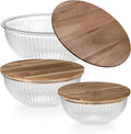 Set of 3 Stackable Space-Saving Nesting Glass Salad Bowls with Acacia Lids for Foodprep, Storage, Baking, Mixing & Cooking - Microwave Safe Durable Inert Borosilicate Glass