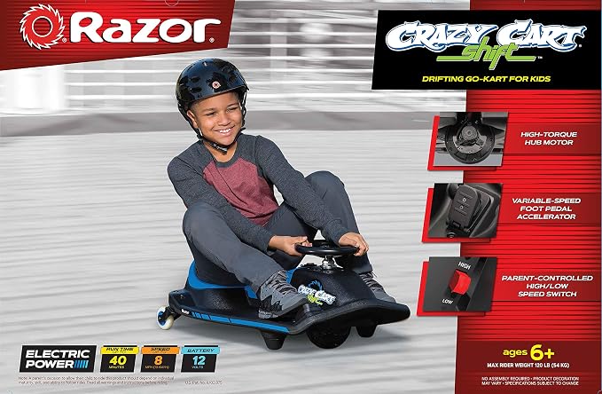 Razor Crazy Cart Shift Electric Go Kart for Kids Ages 6+ - 12V Drifting System, High/Low Speed Switch, Simplified Drifting, Riders up to 120 lbs, Black/Blue