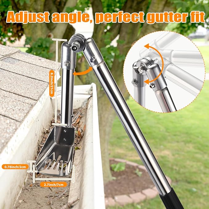 Gutter Cleaning Tools from The Ground, 6.4FT Gutter Scoop with Extension Pole & Gutter Cleaning Brush – Clean Gutters Safely, Easily Remove Leaves & Debris (Silvery)