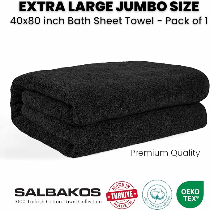 SALBAKOS Luxury 100% Turkish Cotton Bath Sheet 40x80 in (1-Piece, Black) | Extra Large Jumbo Oversized Bathroom and Beach Towel, Super Soft Highly Absorbent Thick Premium Hotel Quality, Made in Turkey