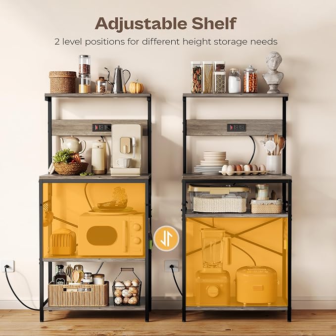 SUPERJARE Kitchen Bakers Rack with Power Outlet, Coffee Bar Table 4 Tiers, Kitchen Microwave Stand with 6 S-shaped Hooks, Kitchen Storage Shelf Rack for Spices, Pots and Pans - Greige