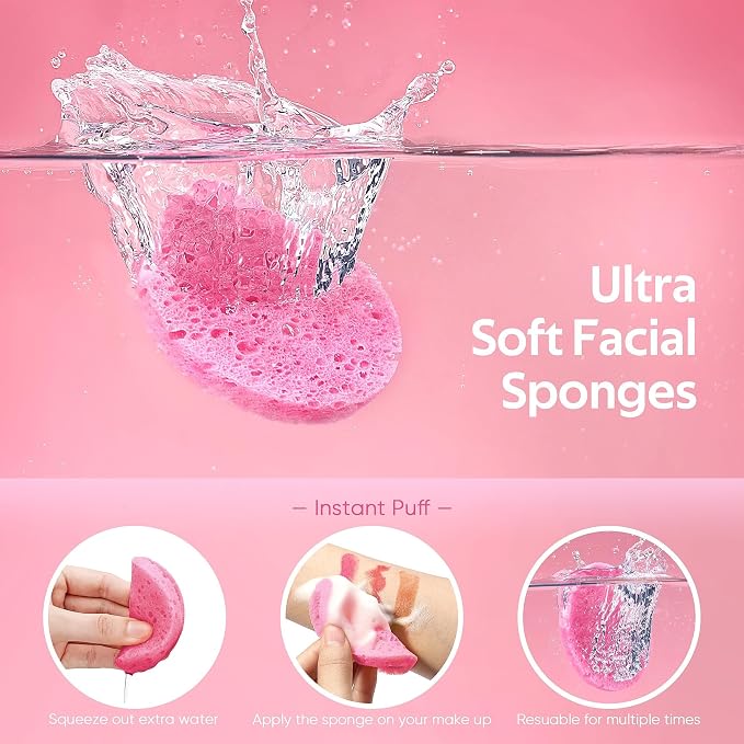 GAINWELL Gifts for MoM in Mothers Day, 50-Count Compressed Facial Sponge, Daily Facial Cleansing and Exfoliating, 100％ Natural Cosmetic Spa Sponges for Makeup Remover, Reusable, Pink