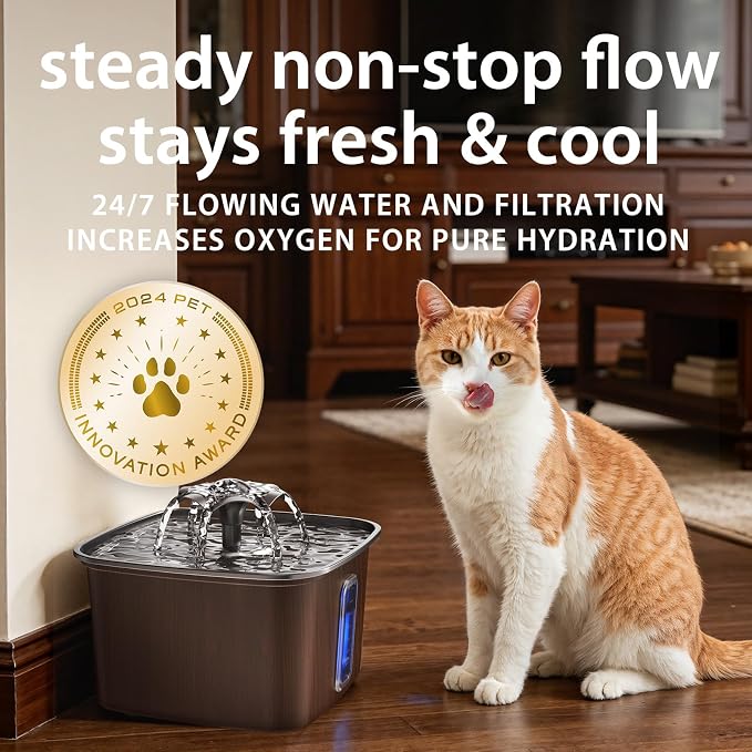 Veken Innovation Award Winner Stainless Steel Cat Water Fountain, 108oz | Automatic Pet Fountain Dog Water Dispenser with Replacement Filters & Silicone Mat for Cats, Dogs (Walnut Brown)