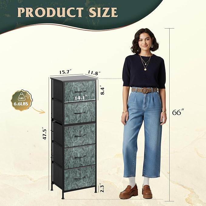 WLIVE Fabric Dresser, 5-Drawer Tall Dressers for Bedroom, Storage Dresser Organizer with Fabric Bins, Wood Top, Sturdy Steel Frame, Chest of Drawers for Closet, Hallway, Vintage Green