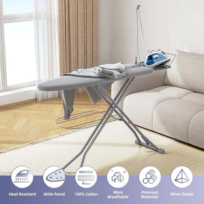 KINGBOARD Ironing Board, Compact Iron Board Full Size with Extra Thick Cover, 7 Adjustable Heights Stand with Hanger and Iron Rest, Large Heavy Duty Ironing Board with Storage Tray, 13x43 Grey