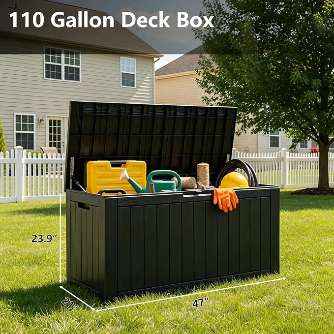 110 Gallon Waterproof Large Resin Deck Box, Lockable Large Outdoor Storage Box Indoor Outdoor Storage Container for Patio Cushions, Gardening Tools, Pool Supplies, Black