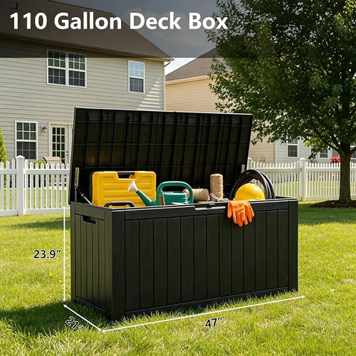 110 Gallon Waterproof Large Resin Deck Box, Lockable Large Outdoor Storage Box Indoor Outdoor Storage Container for Patio Cushions, Gardening Tools, Pool Supplies, Black