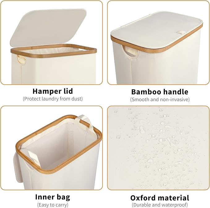 iEGrow Slim Laundry Hamper,75L Beige Narrow Laundry Basket with Lid,Foldable Clothes Hamper with Bamboo Handles,Hamper Basket with Removable Inner Bag for Laundry Room Bedroom College Dorm
