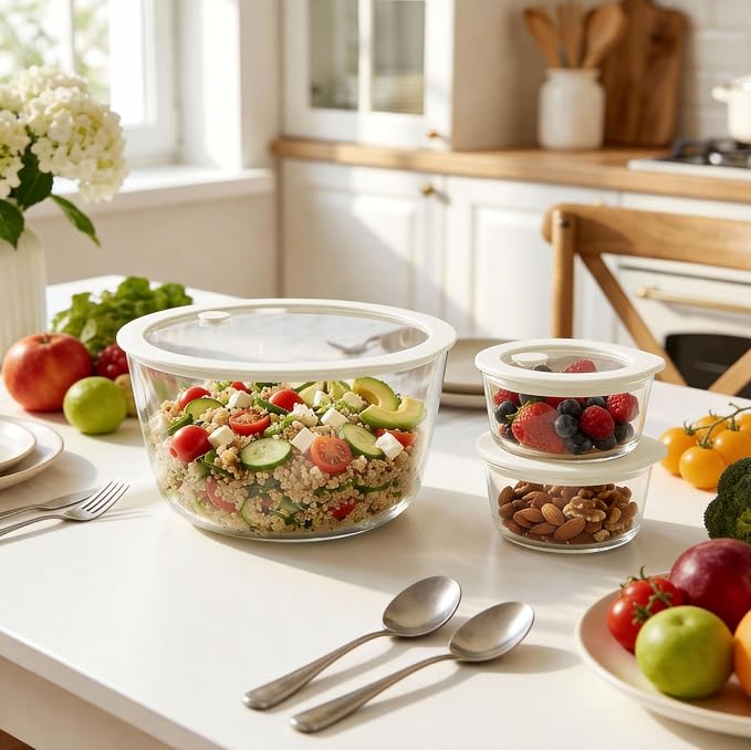 Glass Food Container Set with Glass Lid, 3 Pack, Meal Prep Containers with Silicone Airtight Lid, 1 Large Glass Salad Bowl, 2 small dressing containers,Leakproof, 100% Plastic Free