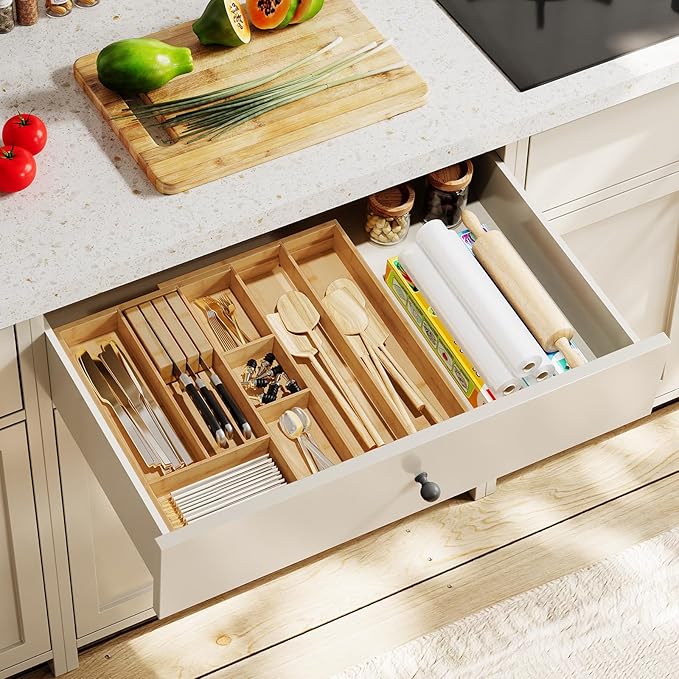 HOOBRO Large Silverware Organizer Kitchen Drawer Organizer, Magnetic Connected Expandable Utensil Organizer From 22 to 35 Inches, Bamboo 16 Slots Cutlery Tray with Knife Holder, Natural YL07TL01