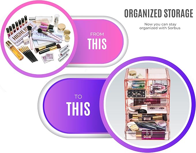Sorbus Acrylic Makeup Organizer Set, 7-Drawer Vanity & Countertop Cosmetic Storage with Small & Wide Drawers, Pink Makeup Storage for Brushes, Lipsticks, Jewelry – Holiday Gift for Women & Teens
