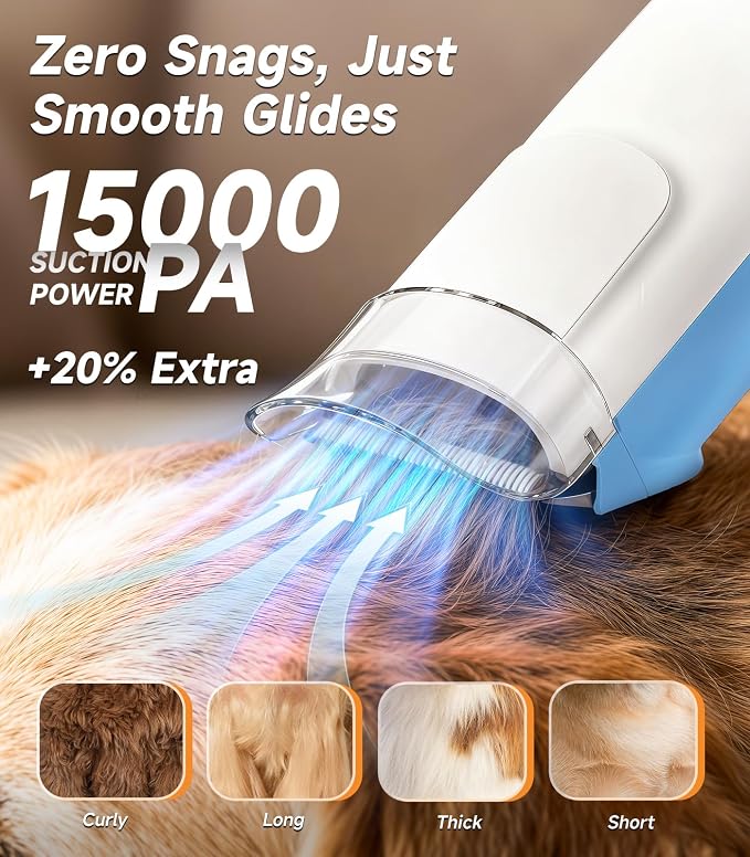 buenkee Dog Grooming Kit with Vacuum, 15000Pa Pet Hair Clipper and Shedding Brush, 50dB Low Noise, 2L Capacity, White