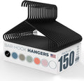 Plastic Hangers 100+ Pack (150 Count) – Made in the USA – 6lb Capacity Standard Clothes Hangers with Strap Hooks for Dresses, Lingerie, Shirts, Pants, and Jackets – Black