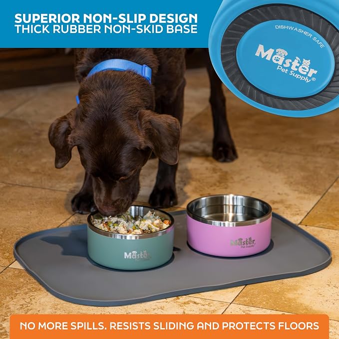 Master Pet Supply Stainless Steel Dog Bowls - 32 oz, Heavy Duty - True Blue, Double Wall Extra-Thick Insulated, Non-Slip Pet Water Bowl for Dogs, Cats & Pets, Anti Rust Metal, Dish Washer Safe