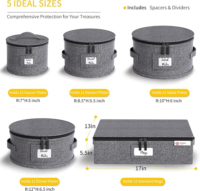 China Storage Containers Hard Shell Box for Moving Dishes, Plate, Wine and Glasses, Dinnerware, Mugs, Saucers Quilted Organizer Dividers for Packing Fine China Storage Containers 5Piece Grey