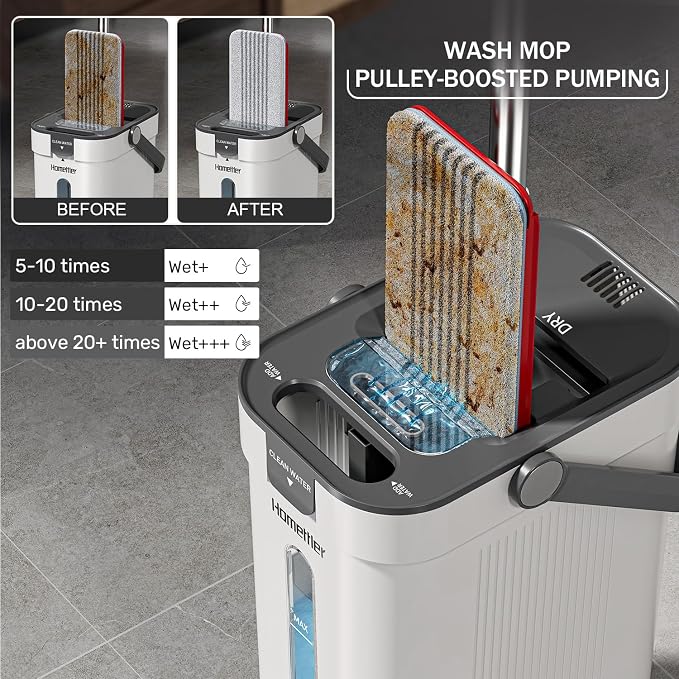 HoMettler Dual Mop and Bucket Set, Flat Mop and Bucket System with Separate Dirty and Clean Water, 3-Compartment Wall Cleaner Mop, Flat Mops for Floor Cleaning with 6 Microfiber Pads