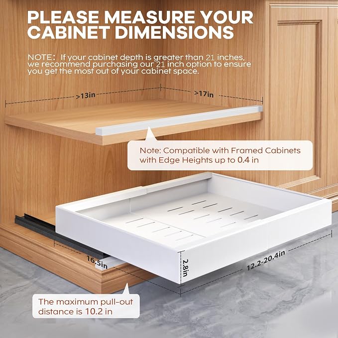 Seinloes 1 Pack Expandable Pull Out Cabinet Organizer 21" Deep with Raising Pad for Framed Cabinets,Upgrade 3 Slide Rails Slide Out Drawers,Roll Out Shelves Adhesive,Adjustable Width 12.05"-20.4"White