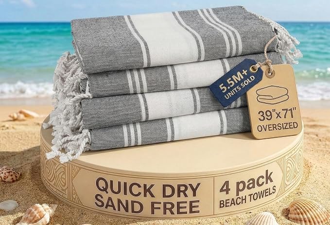 LANE LINEN Beach Towels 4 Pack Oversized, Turkish Towel Set - Smoky Black | Pre-Washed Oversized Beach Towel - 39"x71", Vacation Essential - Machine Washable, Travel & Camping - Super Absorbent, Soft