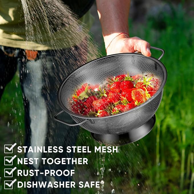 Bokon 3 Pcs Stainless Steel Colander Set Colander Bowl and Sieves 1/3/5 Quart Metal Mesh Strainer Net Basket with Handles Food Spaghetti Strainer for Kitchen Draining Pasta Rinsing(Black)