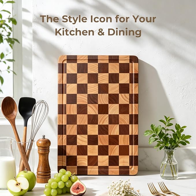 Checkered Cutting Board for Kitchen -Wood Checkerboard Cutting Board | Wooden Checker Chopping Board End Grain Cooking Board with Juice Groove & Handle for Meat, Fruit, Bread, Vegetable