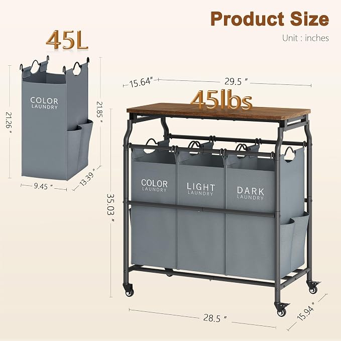 Hoctieon 3 Section Laundry Sorter with Iorning Board, Laundry Hamper, Gray | Lockable Wheels, Laundry Basket Organizer, Heavy Duty Clothes Separator, Removable Bags, Laundry Cart for Bedroom, Bathroom