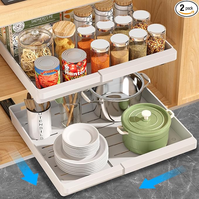 DOMNIU 2 Pack Pull Out Cabinet Organizers Expandable, Plastic Slide Out Drawers for Kitchen, Bathroom, Pantry, Under Sink Storage, Pull Out Drawers Fixed with Adhesive Nano Film (White, 11.6''-17.5'')