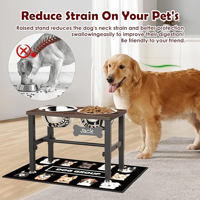 SHAINFUN Elevated Dog Bowls with Slow Feeder & Mat for Medium and Large Dogs, 12" Tall Adjustable Wooden & Metal Raised Dog Bowl Stand, 2 Stainless Steel 58oz Bowls for Food & Water