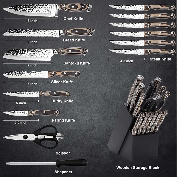 Kitchen Knife Set,15-Piece Knife Set With Block Wooden,Self Sharpening For Chef Knife Set,High Carbon Japan Stainless Steel Hammered Collection Knife Block Set with Steak Knives (Gray)