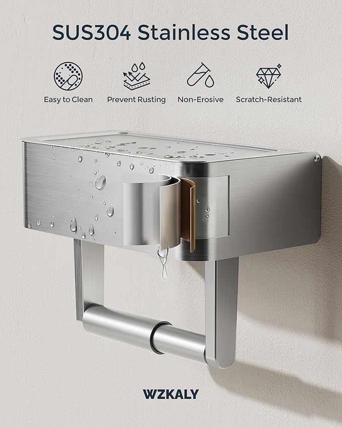 Toilet Paper Holder, Stainless Steel Wall Mount Bathroom Organizer with Shelf, Flushable Wipes Dispenser Storage Fits Any Bathroom and Hide Your Wet Wipes, Regular Roll (nickel)