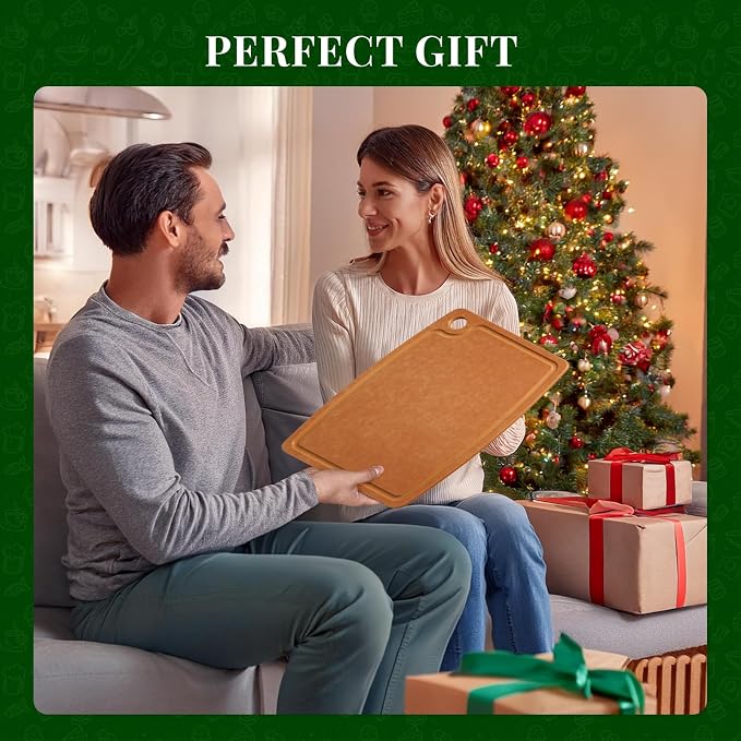Kikcoin Wood Cutting Board, Cutting Boards for Kitchen Dishwasher Safe Non-slip Chopping Board with Juice Groove, Wood Fiber Composite Cutting Board with Hanging Hole, 17.3"*12.8"