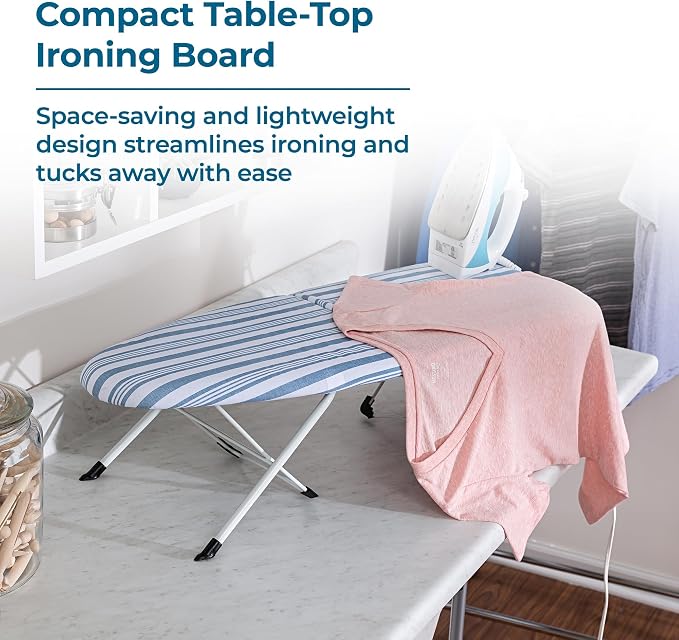 Honey-Can-Do Foldable Tabletop Ironing Board with Iron Rest, Blue Stripe