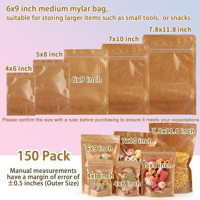 150 Pack Kraft Paper Bags with Clear Window 6x9 Reclosable Small Stand Up Mylar Bags for Food Storage Resealable Smell Proof Pouch, Edible Packaging, Reusable bags for Small Business
