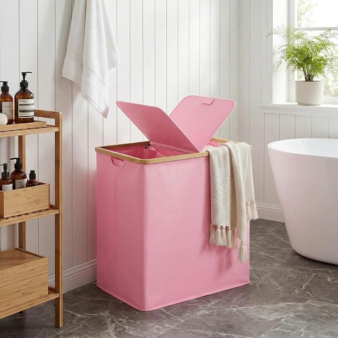 efluky Laundry Hamper with Lid, Double Laundry Basket with 2 Removable Bags, 2 Section Laundry Bin with Bamboo Handles for Bathroom, Bedroom & Laundry Room, 140L (36.9 Gallon) Pink