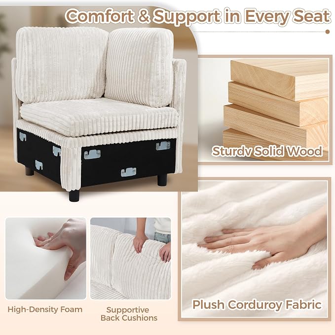 Oversized U-Shaped Sectional Sleeper Sofa for Living Room, Beige | Modular Design, Pull Out Bed, Hidden Storage Space, Soft Corduroy, USB Charging, Cup Holders, Easy Assembly