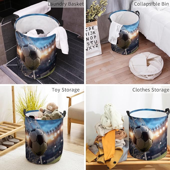 Collapsible Laundry Basket 42L, Football Sports Storage Bin Laundry Hamper with Handles, Football Field Goal Net Soccer Waterproof Clothes Baskets for Bathroom/Bedroom 13.8 x 17 In