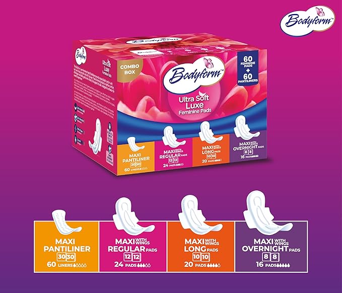 Bodyform Luxe Feminine Pads and Pantyliners Combo – 120 Count (60 Pads + 60 Liners), Ultra-Soft, Super Absorbent, Leak Protection, Daily Comfort & Freshness (Pack of 2)