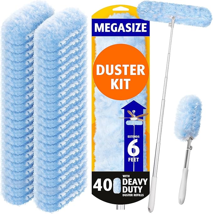 6ft Extendable Duster Handle with 40 Refills, Compatible with Swiffer Duster, Disposable Microfiber Dusting Pads for Home Cleaning, Ceiling, Fan, Window, Hard-to-Reach Areas
