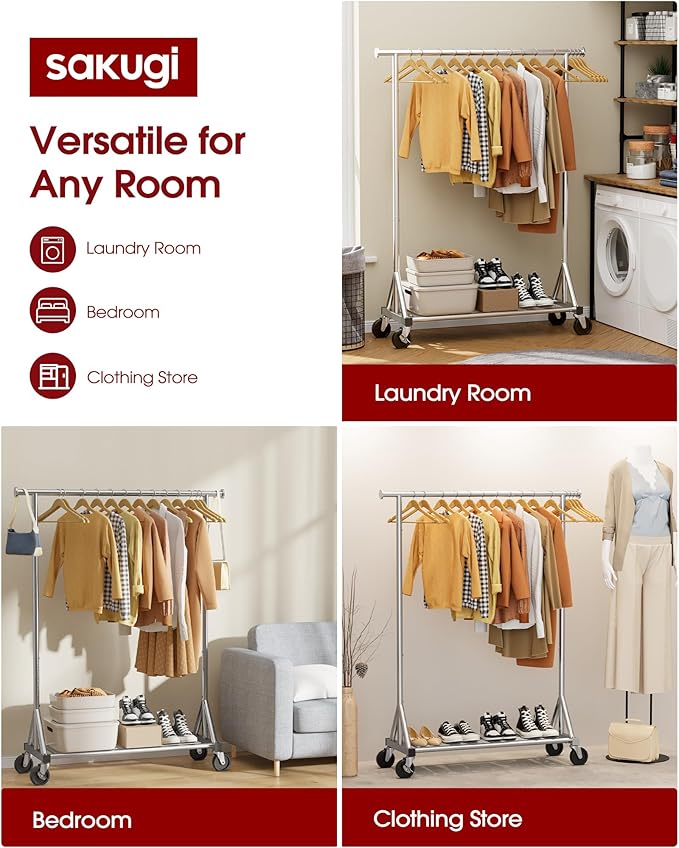 Sakugi Heavy Duty Stainless Steel Rolling Clothes Rack with Mesh Shelf, Lockable Wheels & Anti-Slip Stoppers, Large Capacity Clothing Organizer for Bedroom, Laundry Room, 42.5" x 16.5" x 65.9", Silver