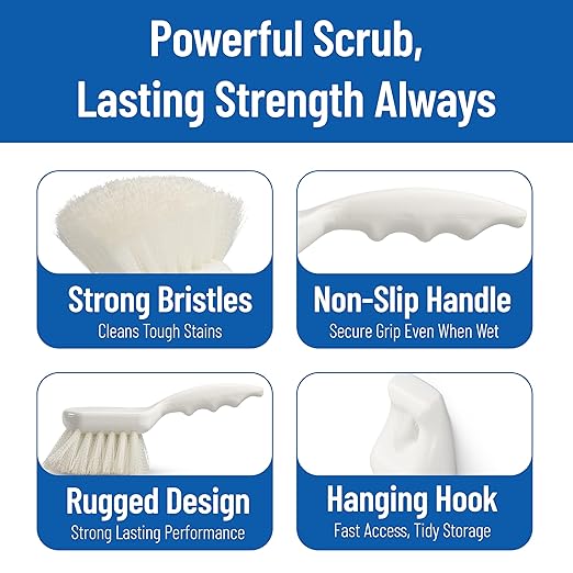 SPARTA Flo-Pac 8" Utility Scrub Brush with 2" Nylon Bristles, Plastic Pistol Grip Handle, Commercial Handheld Cleaning Brush, White (Pack of 12)
