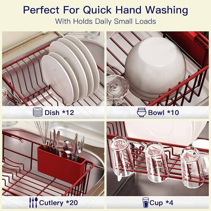 Red Dish Drying Rack Over The Sink with Utensil Holder | Expandable Stainless Steel Dish Drainer for Small Kitchen, Apartment, RV, Counter Space Saving, Perfect Fit, Rustproof