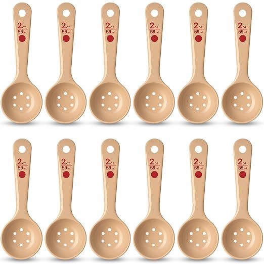 Carlisle FoodService Products 2 Oz Perforated Portion Control Spoon – Short Handle Measuring Spoon – Beige Polymer Foodservice Spoon for Commercial Kitchens, (Pack of 12)