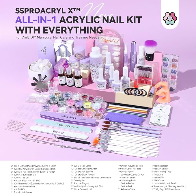 SAVILAND Nails Kit Acrylic Set: Professional Acrylic Nail Kit with Nail Tranning Mat Nail Art Brush Nail Drill Nail Polish with Dryer for Nail Extension Carving