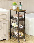 OKZEST Utility Slim Storage Cart, 4-Tier Narrow Bathroom Organizer and Storage Cart, Metal Narrow Kitchen Laundry Room Organization Rack with Wood Top, Slim Rolling Shelf with Wheels for Small Space