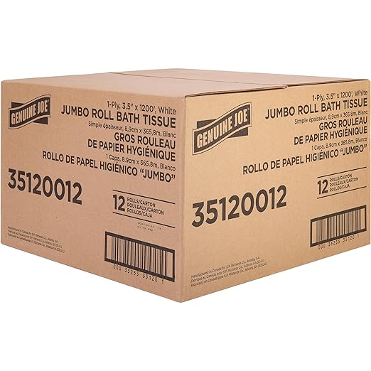 Genuine Joe Jumbo Roll Bath Tissue, 1-Ply, 3.63" x 1200', White, 12 Count