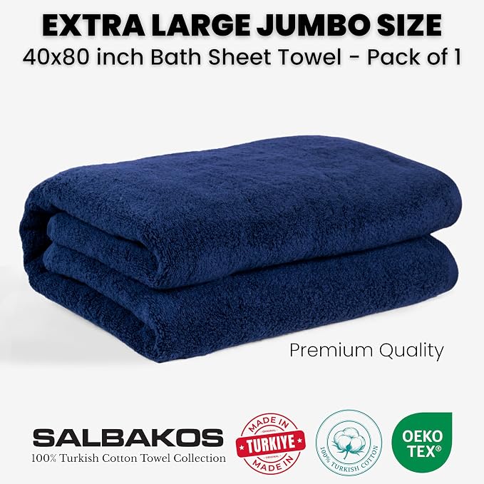 SALBAKOS Luxury 100% Turkish Cotton Bath Sheet 40x80 (1-Piece, Navy Blue) | Extra Large Jumbo Oversized Bathroom and Beach Towel, Super Soft Highly Absorbent Thick Premium Hotel Quality, Made in Turkey
