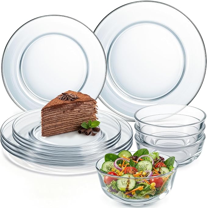 Havawish 12 Pcs Glass Dinnerware Set Sleek Round Clear Glass Plate and Bowl Sets for Dessert, Salad, Fruit, Dishwasher, Microwave Safe Kitchen Dining