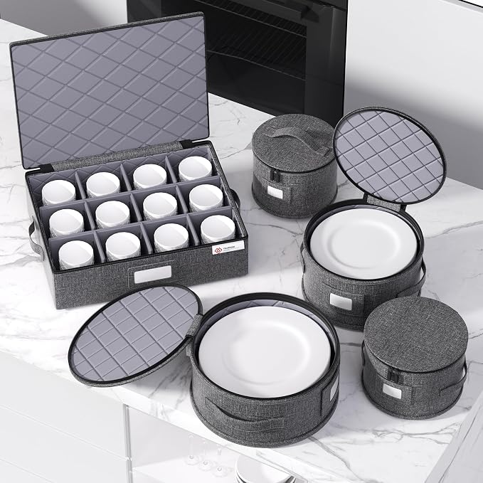 China Storage Containers,4 Piece Set,Hard Shell Moving Boxes for Dishes,Plate,Dinnerware,Saucers Quilted Organizer Dividers for Packing Fine China Storage Containers,Grey
