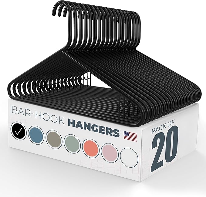 Plastic Hangers 20 Pack – Made in The USA – 6lb Capacity Standard Clothes Hangers with Strap Hooks for Dresses, Lingerie, Shirts, Pants, and Jackets – Black