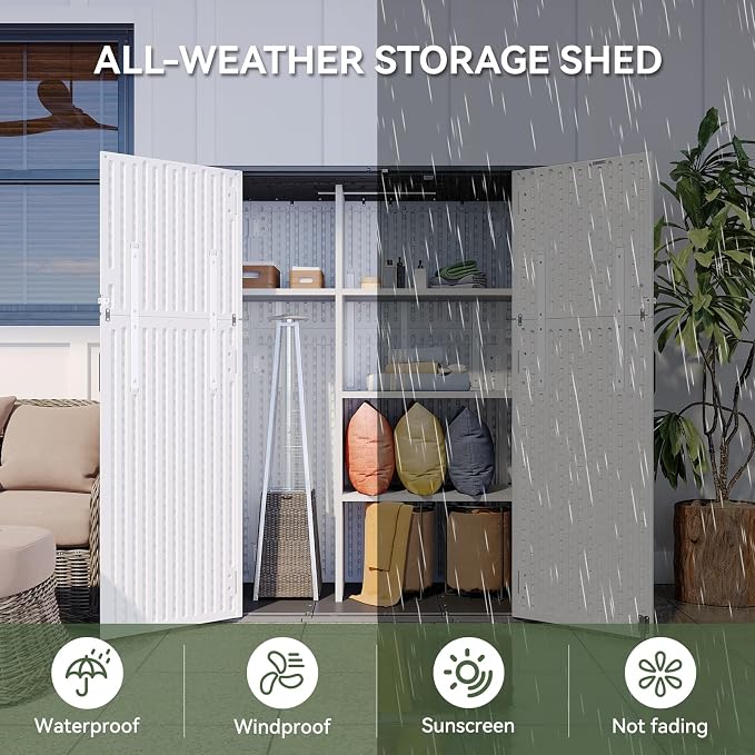Aoxun Outdoor Storage Shed with Floor, 61 Cu.Ft Large Outdoor Storage Cabinet, Waterproof Vertical Resin Shed for Garden Tools, Pool Equipment, Grey White
