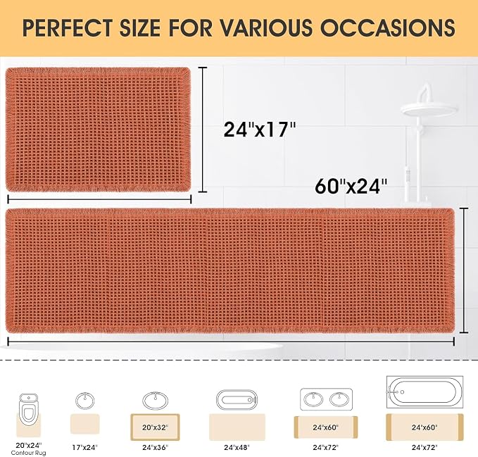 IM HOME Waffle Bath Mat Set 2 Piece Burnt Orange,Woven Modern Bath Rug Mats, Absorbent Non Slip Bath Floor Mat, Soft Washable Boho Bath Rugs with Tassels for Bathroom, Bedroom, Kitchen, Tub